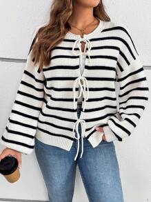 SHEIN VCAY 大码春秋休闲黑白条纹系带开衫 - 黑與白 - 查看 1