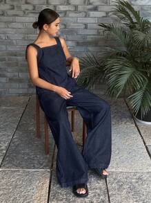 Livesso 女士休闲纯色背心和宽腿宽松牛仔裤 2 件套 - 深色水洗藍 - 查看 2