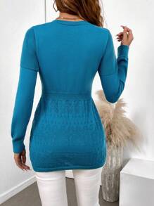 SHEIN LUNE Women's Casual Solid Color Waist Cinched Sweater, Autumn/Winter - Green - View 3