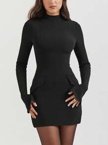 1pc Women's Solid Color Long Sleeve Fitted Casual Dress - Black - View 3