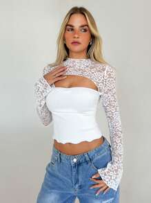 Aloruh Áo cánh tay loe khoét ren màu trơn cho nữ, màu trắng, mùa thu/đông - trắng - Xem 6