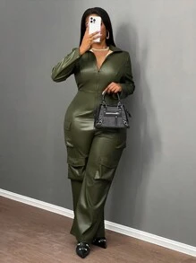 Slaydiva Bộ đồ Lễ Tạ Ơn mới dành cho nữ, quần áo mùa đông gợi cảm, tay dài, có khóa kéo và túi, áo liền quần bằng da. - màu xanh lá - Xem 6