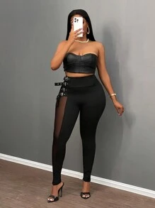 Slaydiva Plus Size Damskie Czarne Kontrastowe Siatkowe Seksowne Długie Spodnie