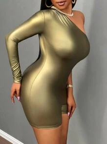 Slaydiva Music Festival Pu One Shoulder Long Sleeve Tight Romper - Dark Green - View 4