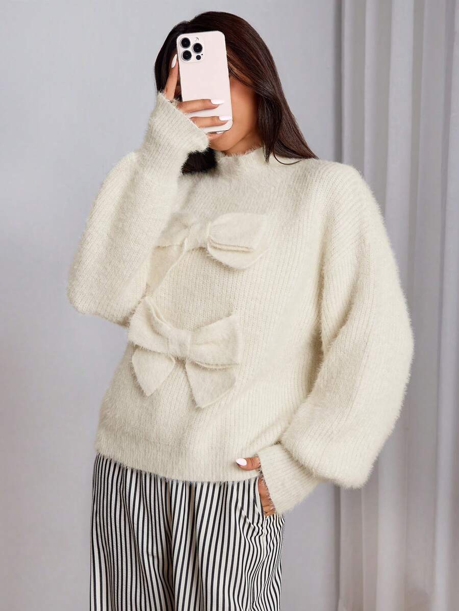 SHEIN Unity Suéter minimalista de mujer de unicolor con decoración de lazo y manga larga, para uso casual diario, jersey de punto para otoño e invierno - Beis - Ver 1