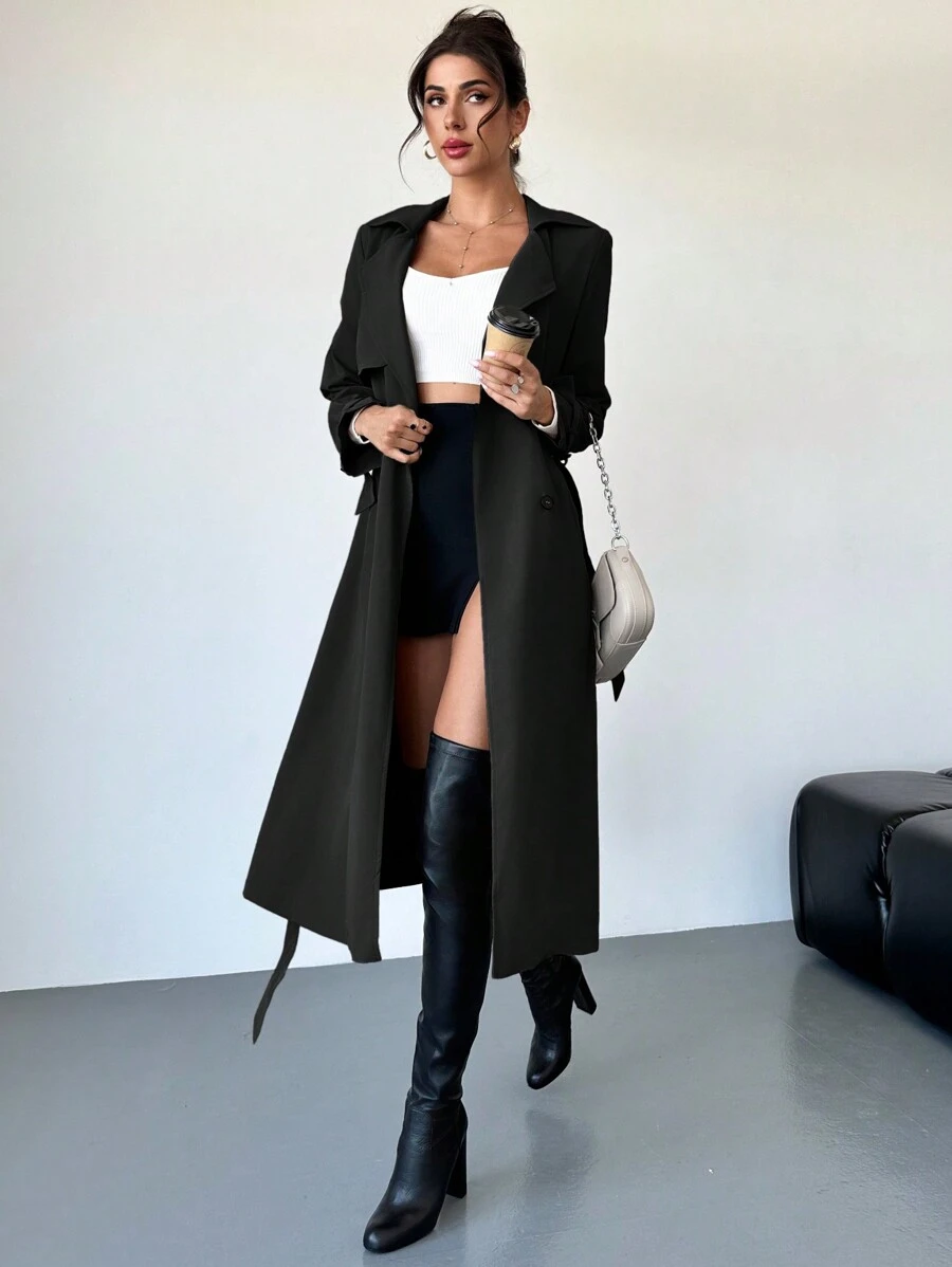 Firerie Elegant Waist Cinched A-Line Long Sleeve Trench Coat, Autumn/Winter - Black - View 1