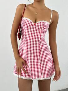 Aloruh Women's Christmas Red & White Plaid Spaghetti Strap Bodycon Ruffle Trim A-Line Mini Dress,Summer Dresses For Women,Pastel Dresses For Women - Hot Pink - View 3