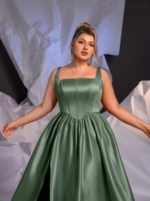 Glamrae Plus Size Elegant Simple Sophisticated Fitted Mermaid Waist Tie Back Asymmetrical Waistline Oversized Flared Dress With High Slit, Suitable For Graduation, Singles' Party, Wedding, Formal Events, Evening Gown, Prom Dress, For Wedding Guest, Dinner - Green - View 7