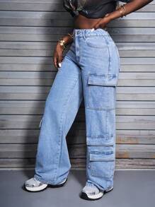 SHEIN Slayr Pantalones vaqueros de carga rectos con ajuste relajado y lavado para mujer - Azul - Ver 5