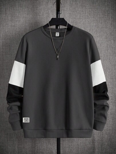 SHEIN Teen Boys' Casual Crew Neck Long Sleeve Contrast Color Block Loose Sweatshirt, Suitable For Spring, Summer, Fall & Winter, Everyday Wear & Casual
