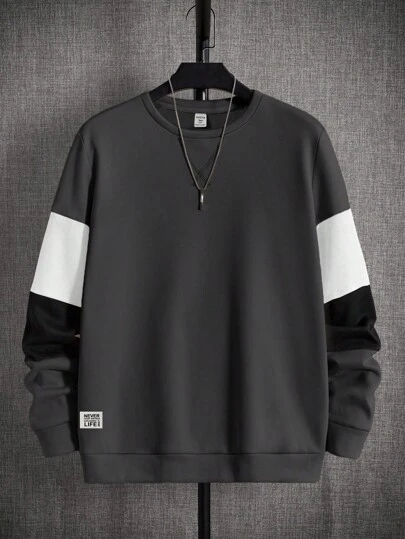 SHEIN 青少年男孩休闲圆领长袖撞色宽松运动衫，适合春、夏、秋、冬、日常穿着和休闲装