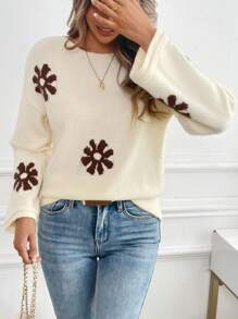 SHEIN ChicEase Áo len nữ tay loe họa tiết hoa phối màu tương phản, kiểu dáng thường ngày, thích hợp mặc mùa thu/đông. - Màu be - Xem 3