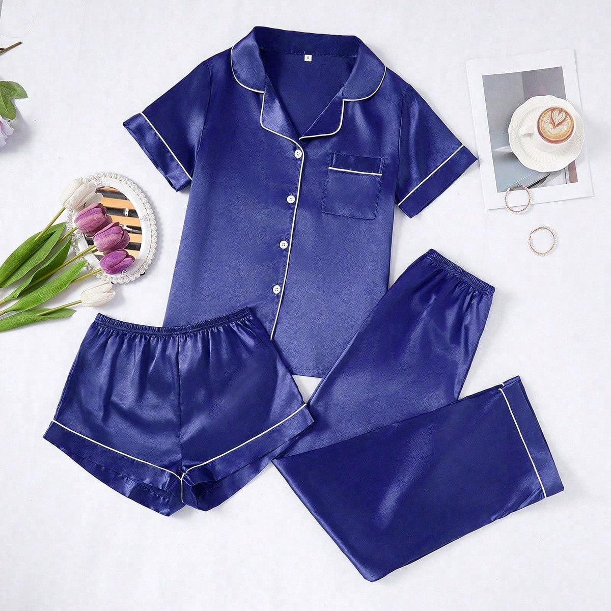 Set de 3 pijamas de mujer de unicolor con vivos en contraste de seda sintética