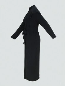 2 件厚冬季套装：长袖开衫 + 紧身连衣裙 - 黑色 - 查看 6