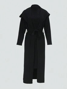 2 件厚冬季套装：长袖开衫 + 紧身连衣裙 - 黑色 - 查看 9