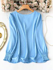 SHEIN LUNE Plus Size Crew Neck Long Sleeve Swiss Dot Minimalist Casual Blouse