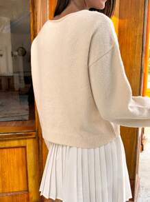 Chiquease Solid Color V-Neck Cute Bow Decor Women Sweater Knit Pullover Fall Winter - Apricot - View 2
