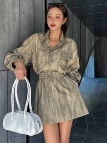 DAZY 2 件套女士套装：前扣长袖衬衫和口袋装饰裙、短款女士套装、秋装 - 卡其色 - 查看 6