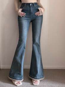 DAZY Plush Patchwork Flared Jeans For Women Fall,Winter - Blue - View 2