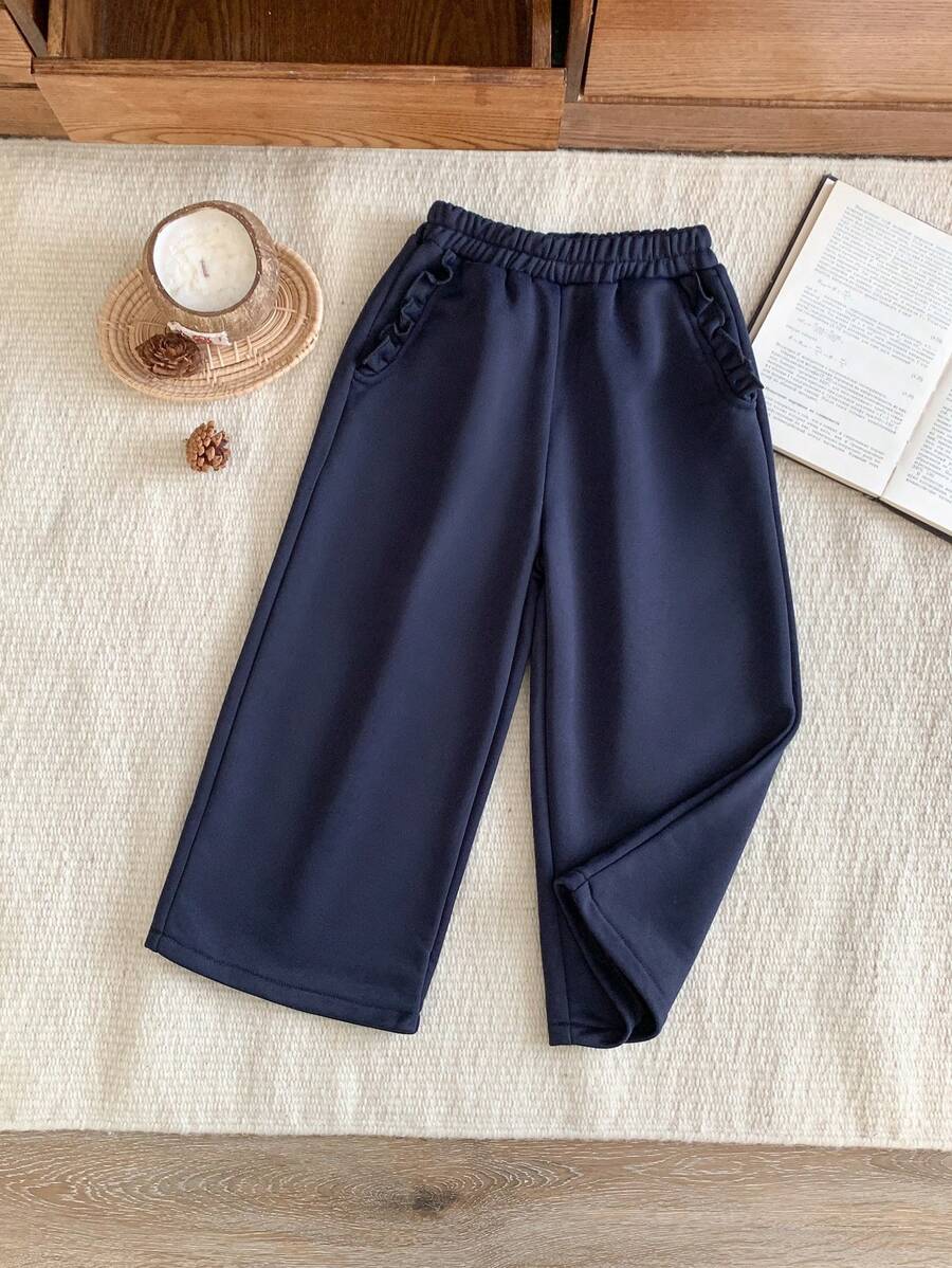 Blossori Young Girls French Elegant Navy Blue Flounce Pocket Loose Knit Sweatshirt & Pants Set, Autumn/Winter - Navy Blue - View 1