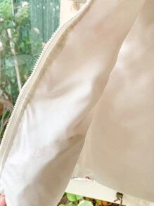 SHEIN 年轻女孩法式优雅米色碎花编织修身拉链连帽背心，秋冬 - 紅色 - 查看 7