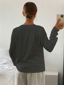 DAZY Áo thun dài tay cổ tròn màu trơn cho nữ, trang phục mùa thu, trang phục trở lại trường học, áo phông kiểu học sinh - Màu xám đen - Xem 2