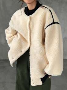 FRIFUL Women's Casual Contrast Color Patchwork Fleece Jacket, Autumn/Winter,Thermal Lined - Beige - View 5
