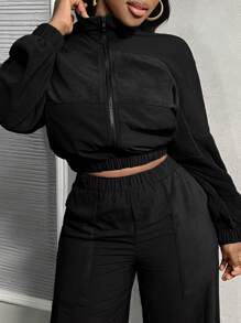 Slaydiva 2pcs/Set New Casual Young Sports Stand Collar Zipper Raglan Long Sleeve Sweatshirt Jacket + Straight Leg Thermal Lined Pants For Women, Autumn/Winter - Black - View 5