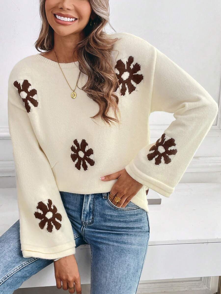 SHEIN ChicEase Áo len nữ tay loe họa tiết hoa phối màu tương phản, kiểu dáng thường ngày, thích hợp mặc mùa thu/đông. - Màu be - Xem 1
