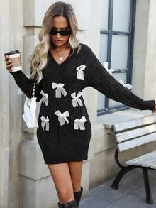 Chiquease 女士蝴蝶结装饰简约休闲针织毛衣，长袖 - 黑色 - 查看 5