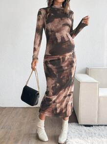 SHEIN 扎染长袖孕妇装，适合户外休闲装，秋季 - 棕色 - 查看 3