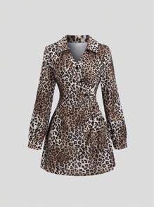 Sweetra Asymmetrical Hem Lantern Sleeve Leopard Print Shirt Dress Fall Cloth For Women - Multicolor - View 1
