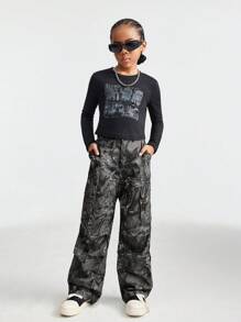 SHEIN Tween Girls Fall/Winter Rapper Grunge Camo Graphics Cargo Pants For Halloween Outfits - Multicolor - View 5