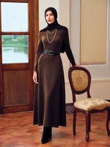 ZEYLAH SOLID TURTLENECK FLARE HEM SWEATER DRESS WITHOUT BELT - Coffee Brown - View 7