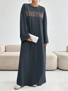 Mulvari 女式字母印花圆领休闲长袖阿拉伯朴素连衣裙 - 深灰色 - 查看 3
