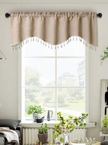1pc Beige S-Shaped Tassel Curtain/Valance, Flax-Like Material, Partition Curtain For Window/Door Decor, Suitable For Party, Living Room, Bedroom