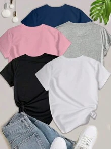 SHEIN MOOSTA 5PCS Women's Simple Solid Color Crew Neck Short Sleeve T-Shirts