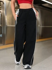 SHEIN EZwear Quần Jeans Denim Ống Rộng Thắt Lưng Đơn Giản Cho Nữ - màu đen - Xem 1