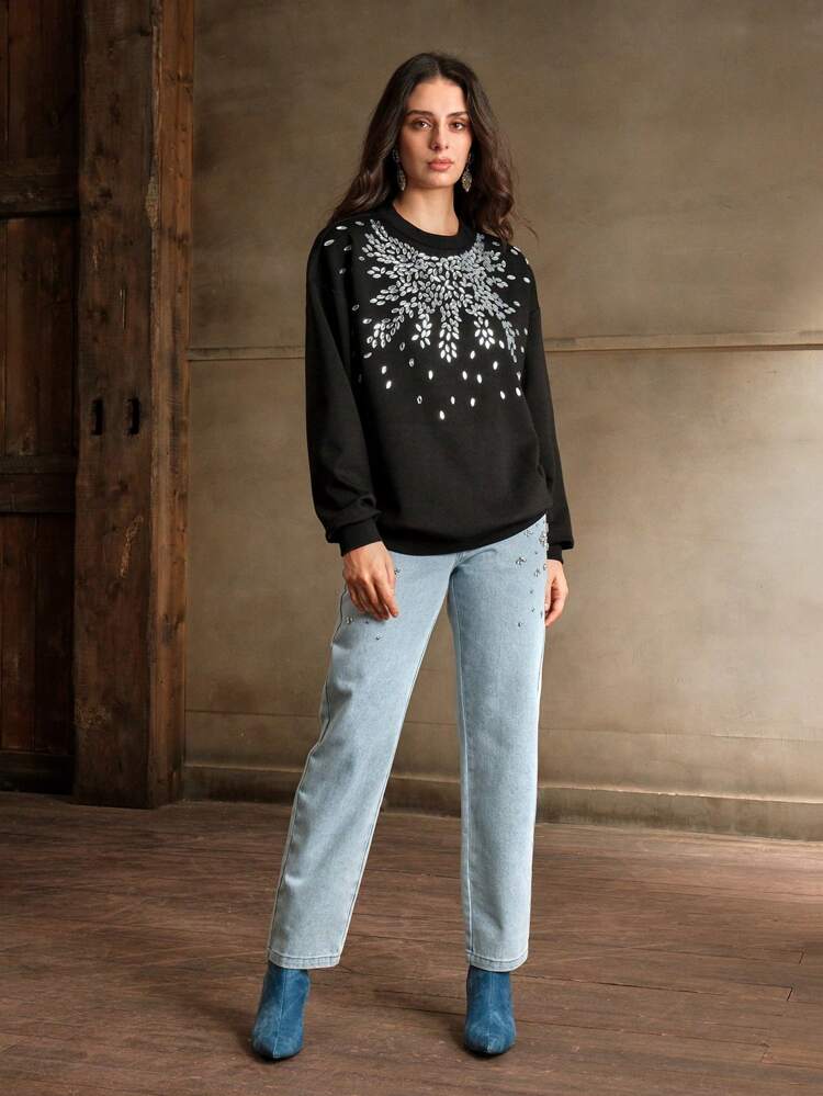 Women's Rhinestone Embellished Pullover Sweatshirt, Modern Autumn/Winter