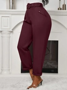 Zolique 女士秋季休闲修身束带长裤 - 酒紅色 - 查看 4