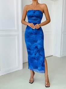 Rafferiza 女士印花无肩带开衩下摆简约休闲连衣裙长裙 - 藍色 - 查看 4