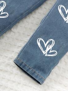 SHEIN Bộ áo thun dài tay và quần denim in họa tiết cho bé gái, thường ngày cho mùa thu/đông - Màu xanh nhạt - Xem 4