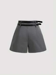 SHEIN MOD Versatile Double Waistband Wide Leg Gray Shorts, Casual Women's Dress Shorts, Uniform Shorts, Business Wear, Autumn Shorts, Inner Shorts - Grey - View 2