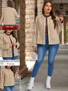 EMERY ROSE Quần áo mùa đông cỡ lớn cho phụ nữ Áo khoác cho phụ nữ Trang phục giữ nhiệt Áo khoác kẻ sọc đơn hàng khuy thô viền thô - Màu Khaki - Xem 3