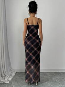 Rafferiza 女士优雅网眼格子 V 领紧身连衣裙长款女装 - 黑色 - 查看 5