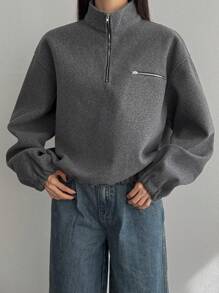 Dazy-Less 女士时尚设计师拉链装饰纯色半拉链抓绒卫衣，秋季女装，保暖内衬 - 灰色 - 查看 11