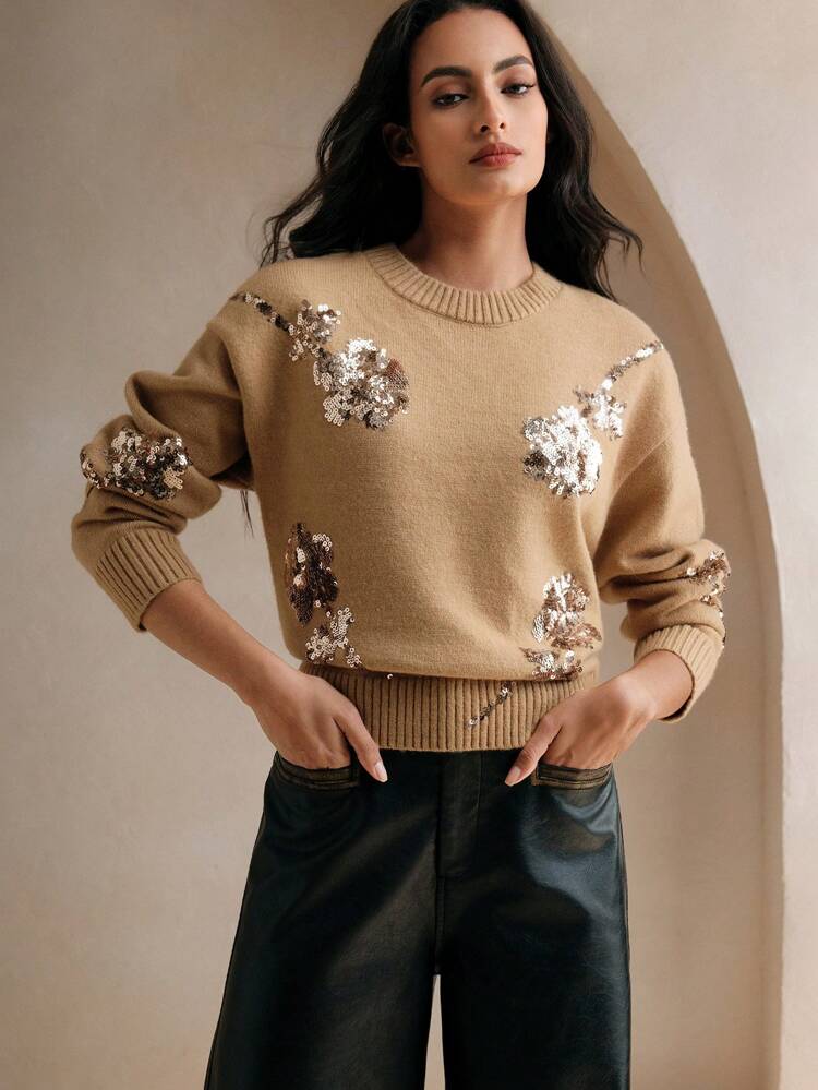 Elegant Casual Sequin Floral Round Neck Women Sweater With Waist Design, Loose Fit Knit Pullover Fall Winter