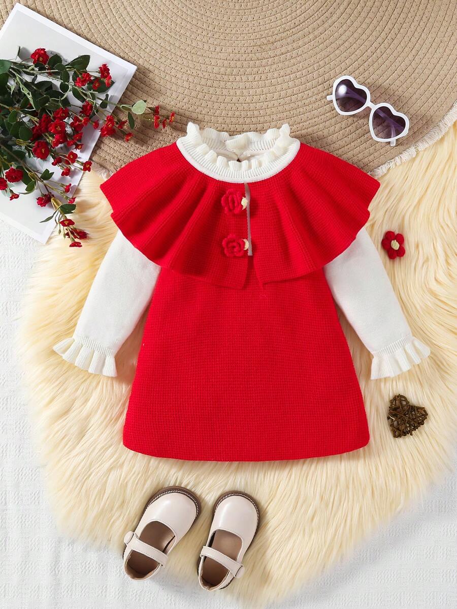 女婴圣诞针织套头连衣裙，舒适温暖，适合秋冬季节，别致的斗篷风格，搭配优雅的花卉刺绣，时尚休闲设计，适合日常、居家、旅行 - 紅色 - 查看 1