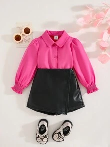 SHEIN 2pcs Babygirl Set, Long Sleeve Blouse And PU Leather Elastic Waist Shorts, Cute Pink Color, Autumn/Winter - Multicolor - View 1