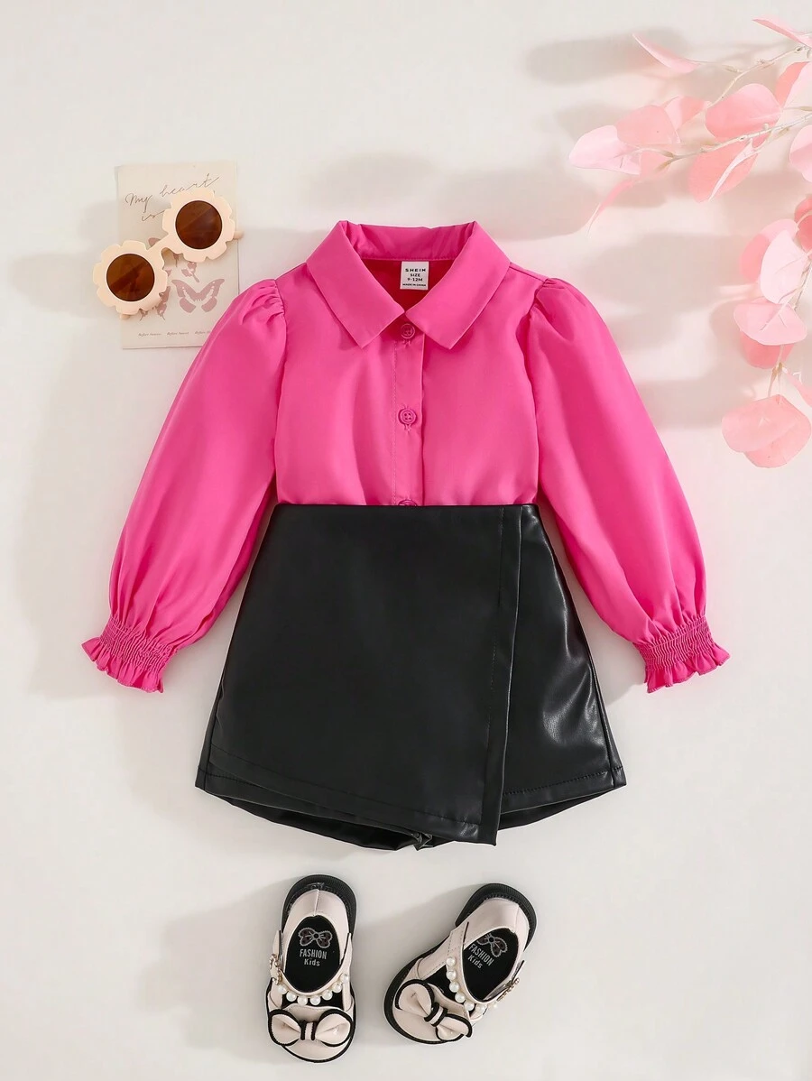 SHEIN 2pcs Babygirl Set, Long Sleeve Blouse And PU Leather Elastic Waist Shorts, Cute Pink Color, Autumn/Winter - Multicolor - View 1